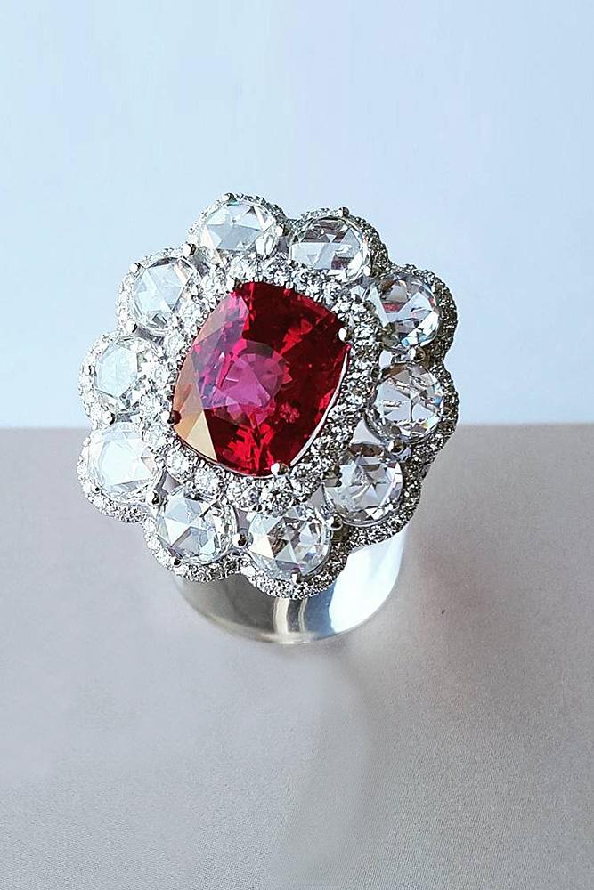 ruby engagement rings cushion cut halo white gold floral