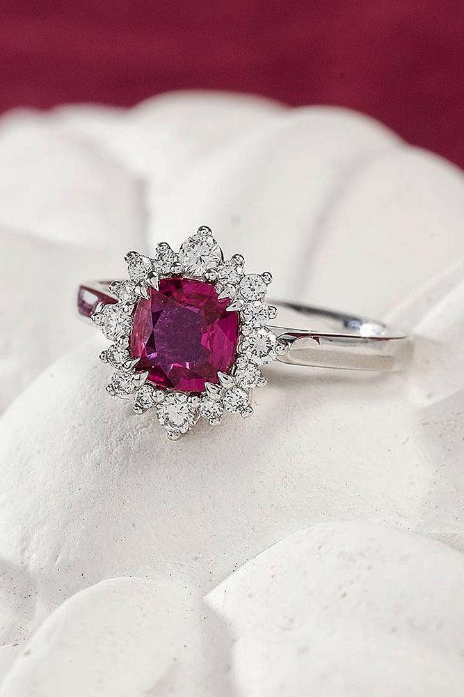 ruby engagement rings cushion cut halo white gold floral