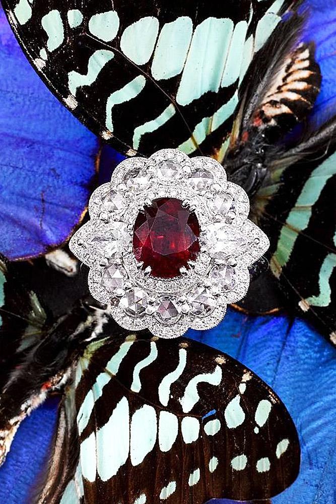 ruby engagement rings oval halo diamonds white gold vintage floral
