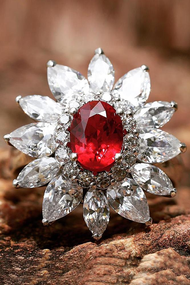 ruby engagement rings oval halo gold diamonds floral