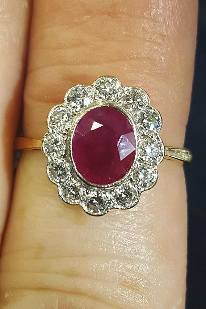 ruby engagement rings oval halo gold floral