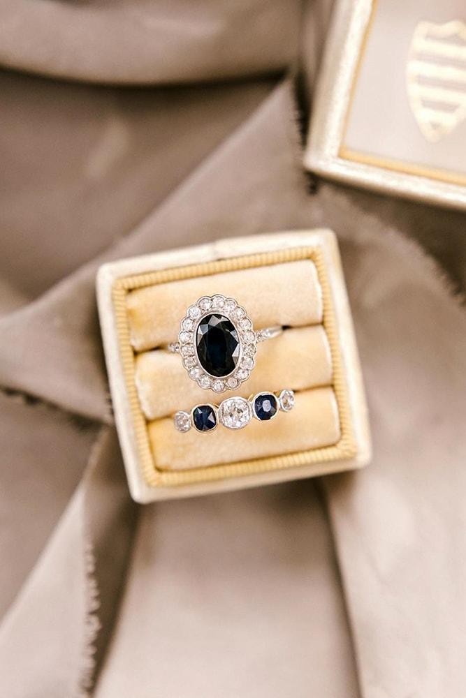 vintage wedding ring wedding set white gold oval cut black gemstone halo pave band