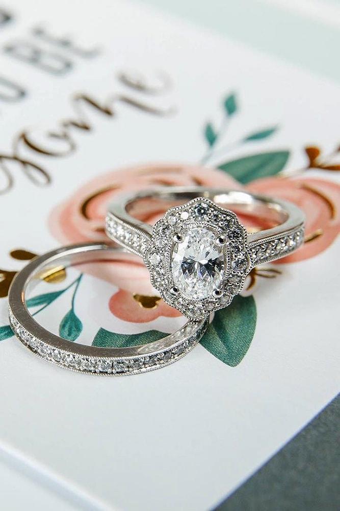vintage wedding rings bridal set oval cut diamond in a white gold