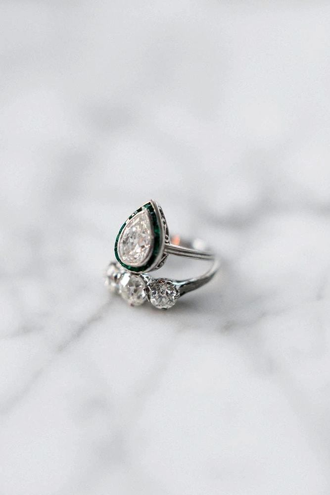 vintage wedding rings bridal set white gold pear cut gemstone halo