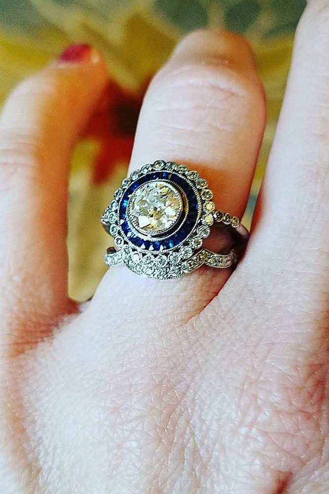 vintage wedding rings double halo white gold round cut diamond