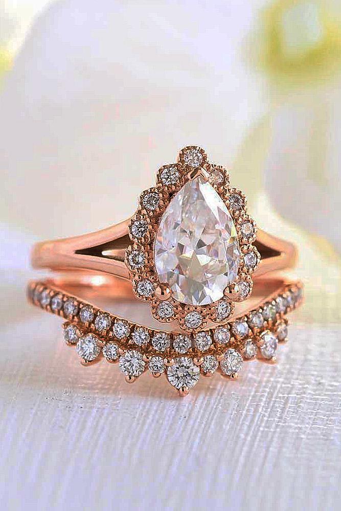vintage wedding rings pear cut halo floral rose gold