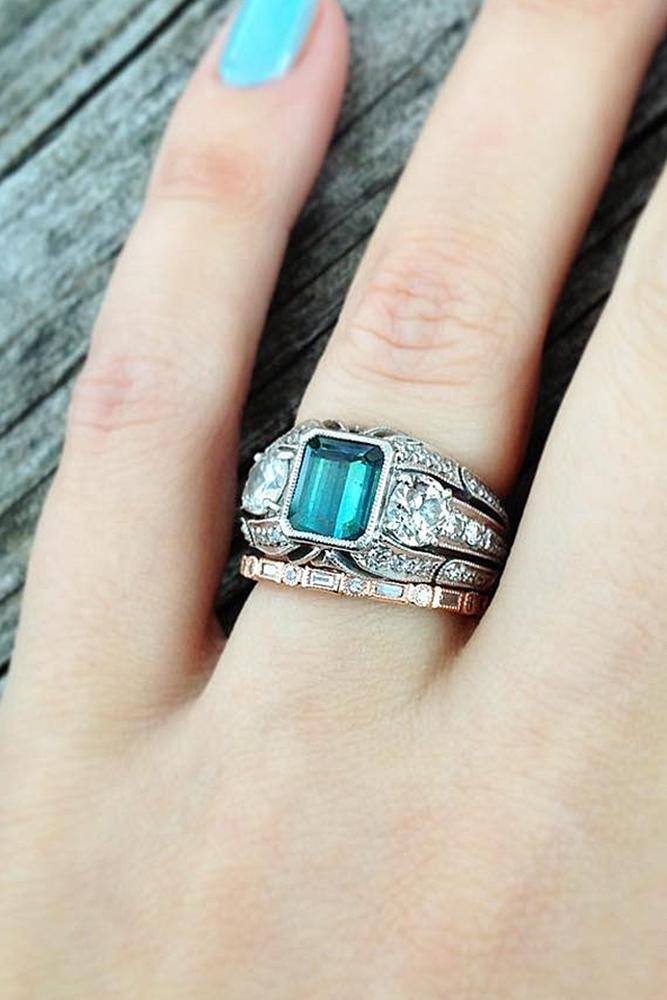 vintage wedding rings sapphire emerald cut gold
