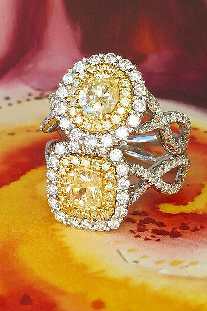 yellow diamond engagement rings double halo twist pave band