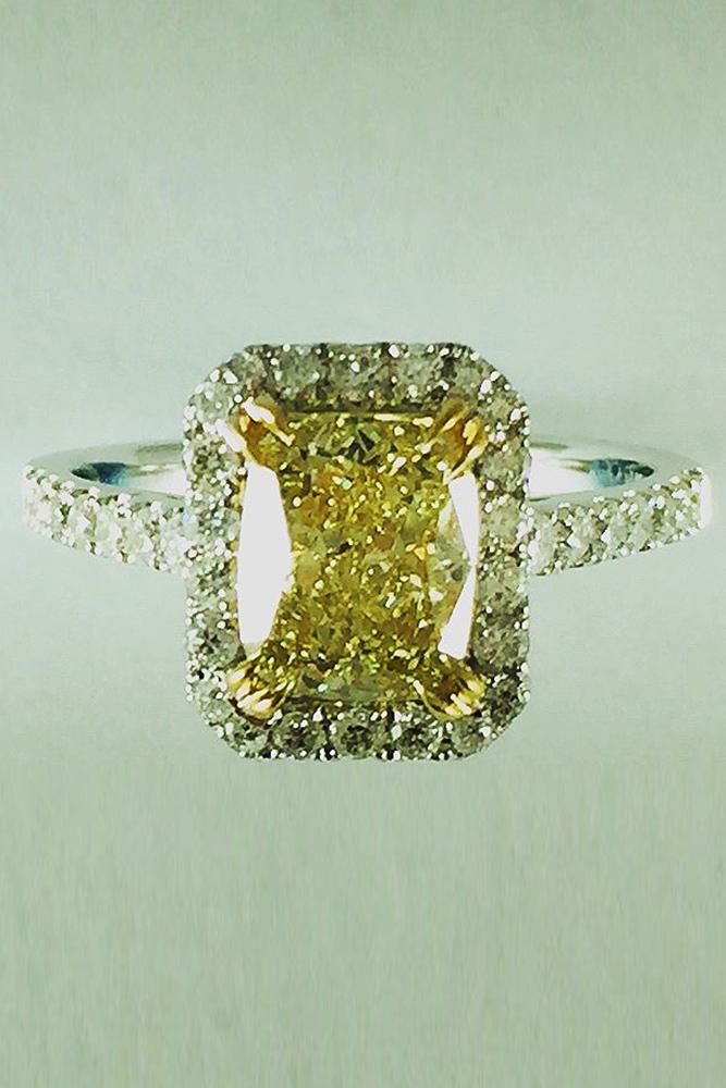 yellow diamond engagement rings emerald cut pave band white gold halo