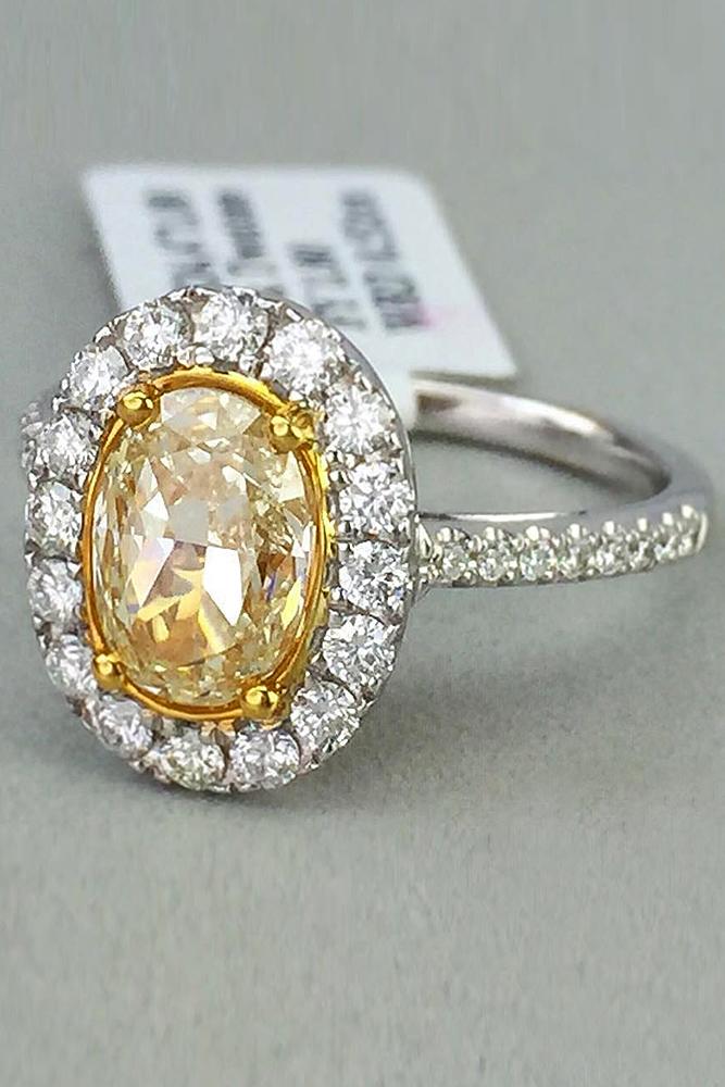 yellow diamond engagement rings halo pave band oval cut
