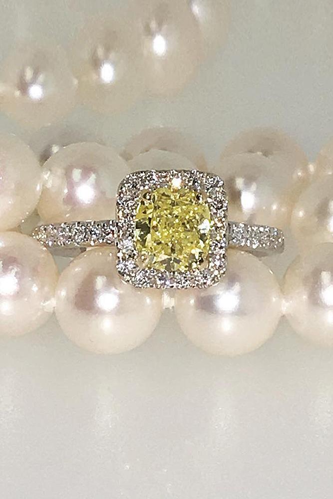 yellow diamond engagement rings halo round cut pave band