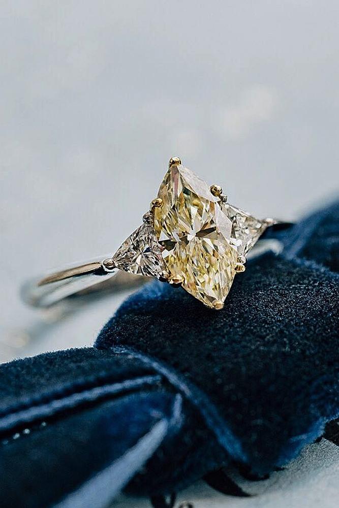 yellow diamond engagement rings marquise cut white gold three stones