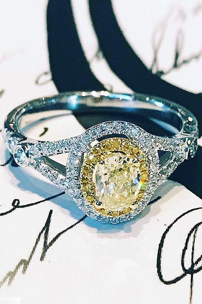 yellow diamond engagement rings oval cut double halo split white gold