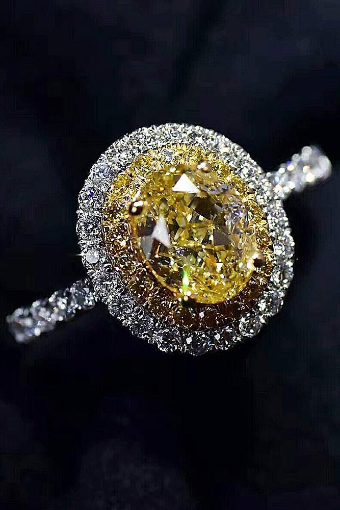 yellow diamond engagement rings oval cut pave band double halo