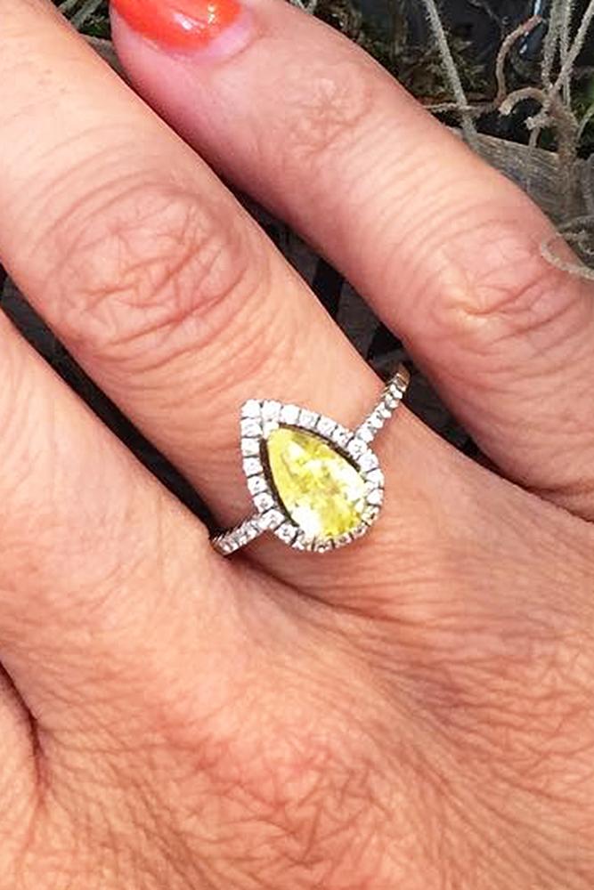 yellow diamond engagement rings pear cut halo pave band