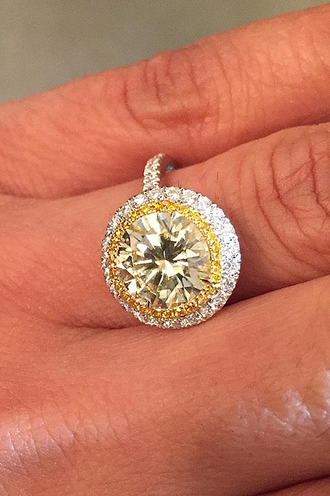 yellow diamond engagement rings round cut double halo pave band