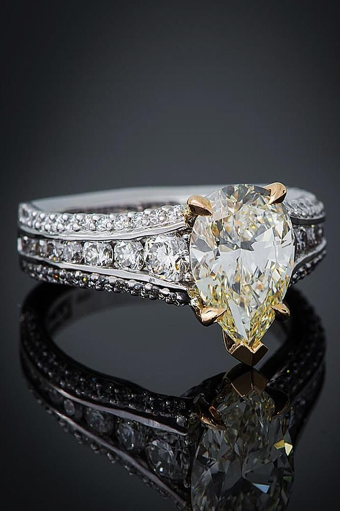 yellow diamond engagement rings white gold pave band pear cut