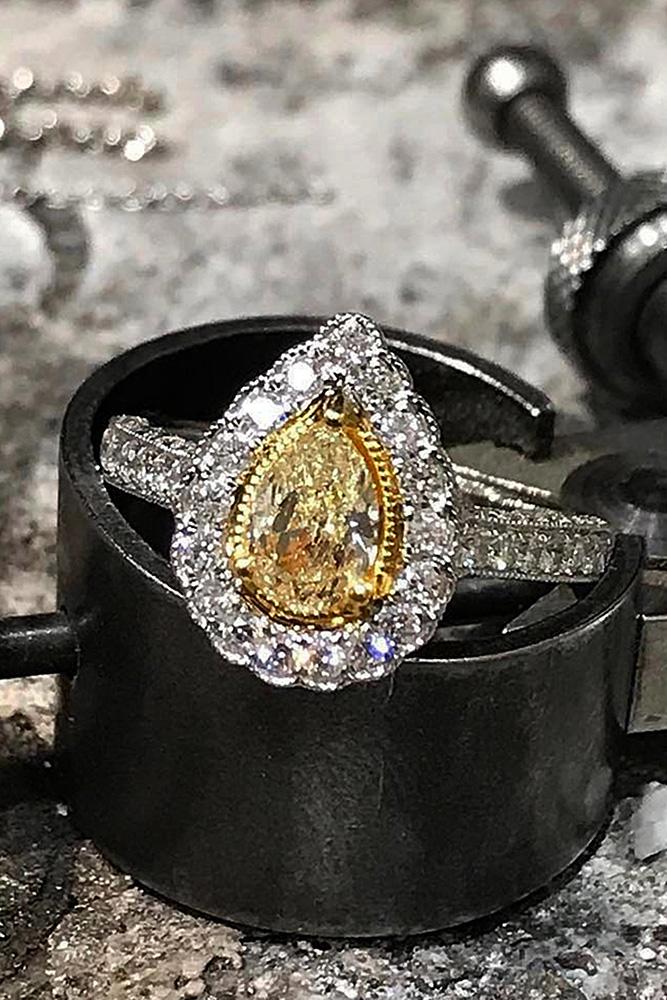 yellow diamond engagement rings white gold pear pave band