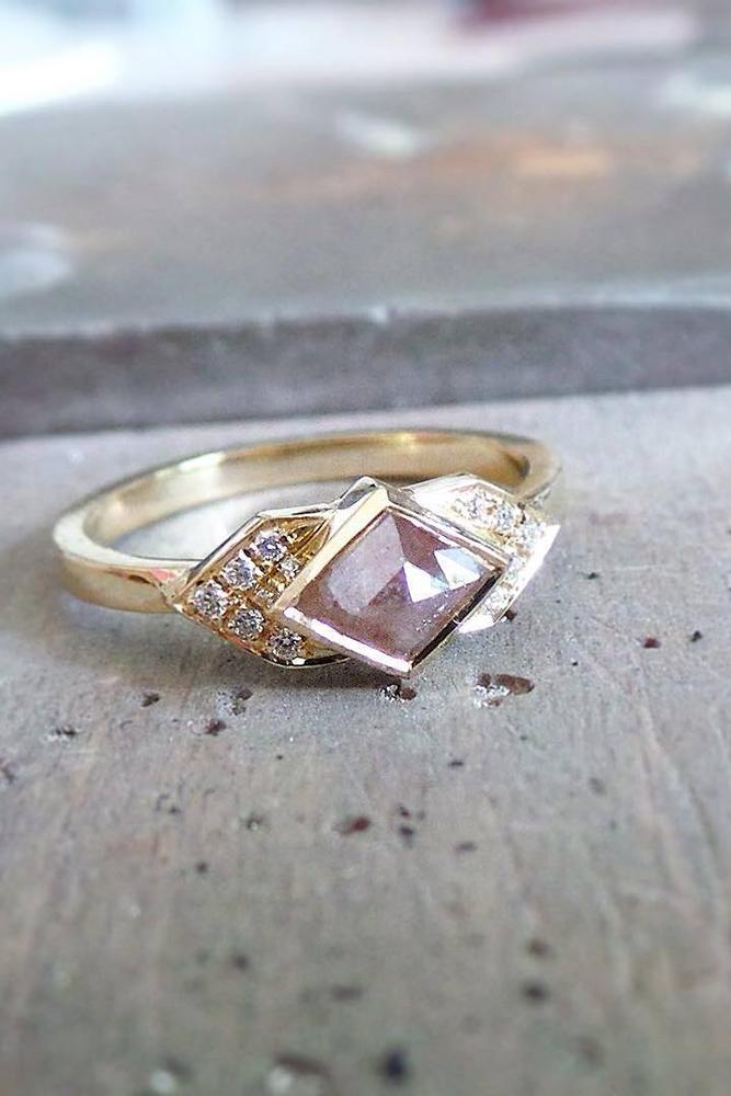 art deco engagement rings kite shaped diamond rose stone