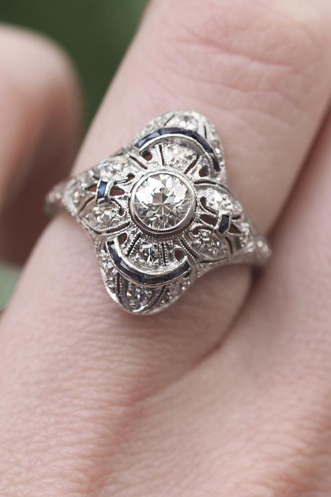 art deco engagement rings round cut diamond white gold