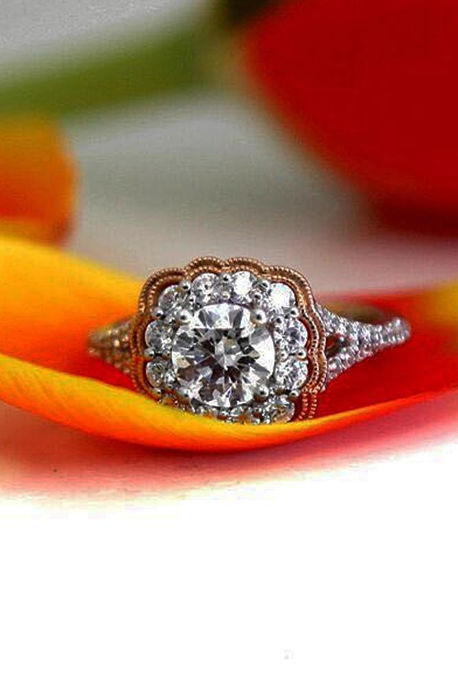 art deco engagement rings round cut floral halo split diamond pave band