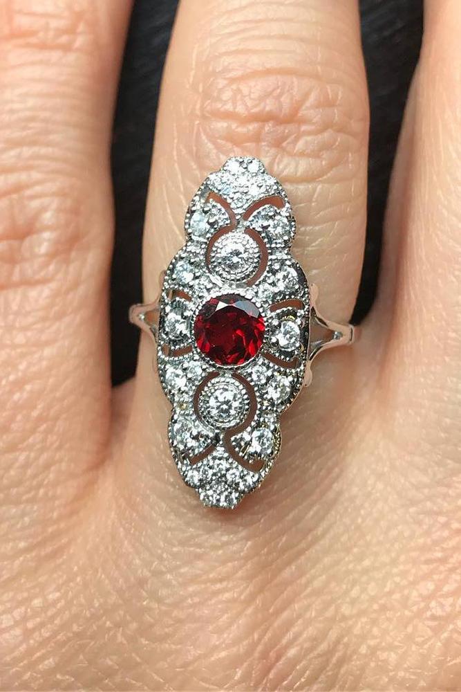 art deco engagement rings round cut ruby platinum