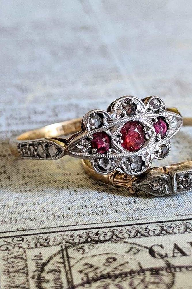 art deco engagement rings three round cut rubies