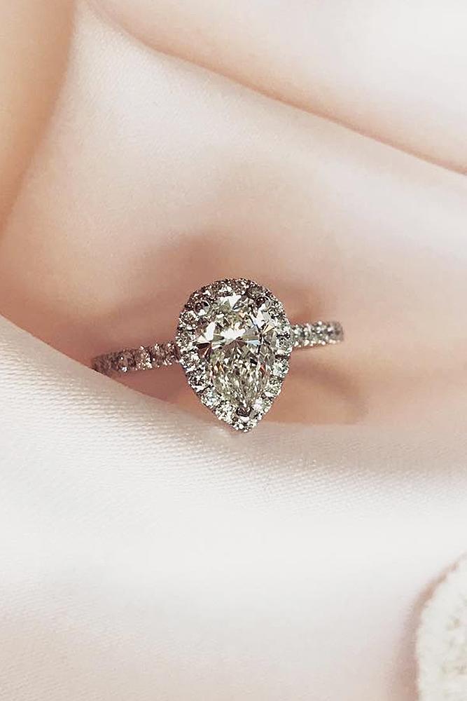 classic engagement rings pear cut halo diamonds pave band white gold