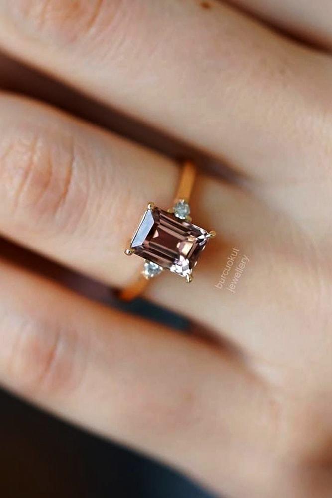 classic engagement rings two round cut gemstones and brilliant emerald cut tourmaline in rose gold pave band simple