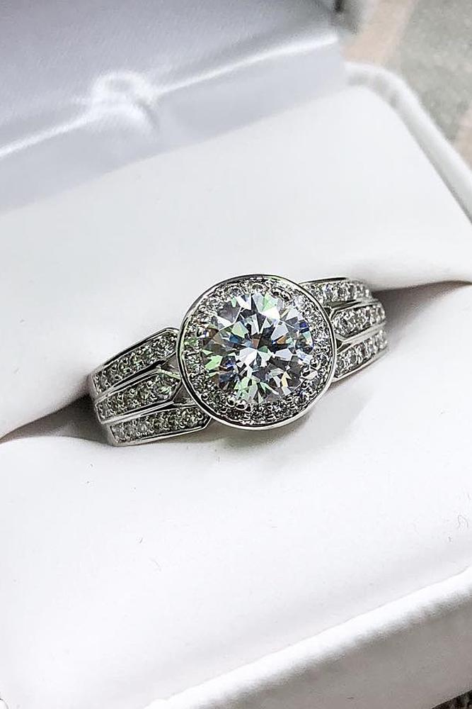 cubic zirconia engagement rings round cut halo split pave band