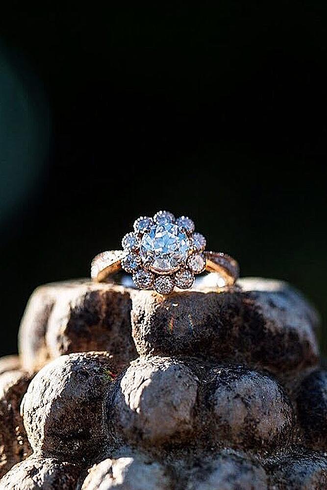 flower engagement rings rose gold halo round cut diamond