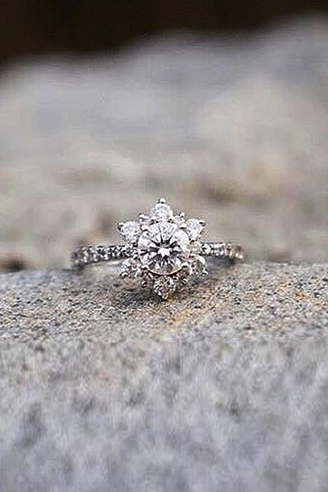 flower engagement rings round cut diamond halo white gold