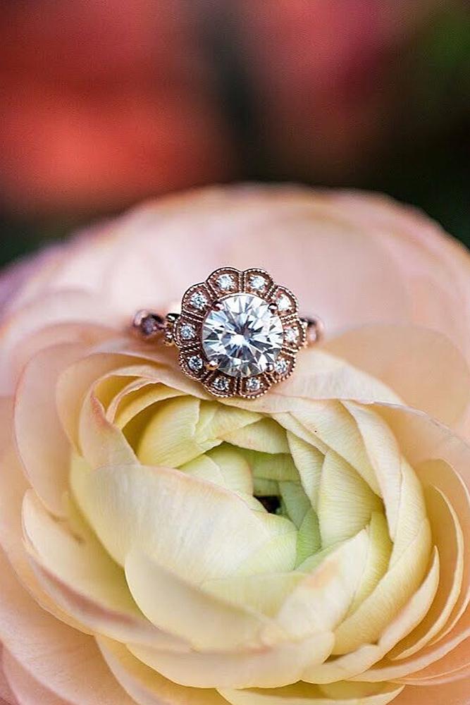 flower engagement rings round cut rose gold diamond