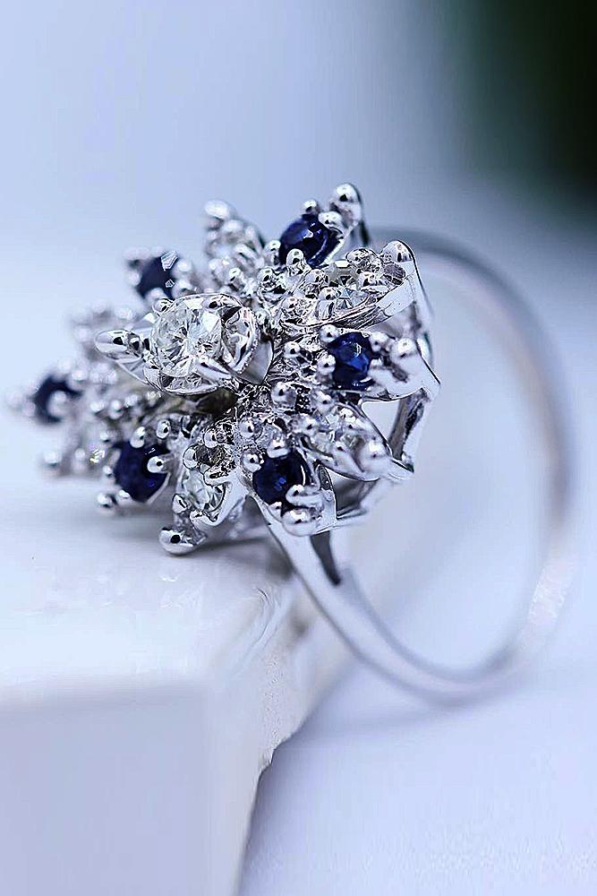 flower engagement rings white gold blue sapphires round cut diamond simple pave band