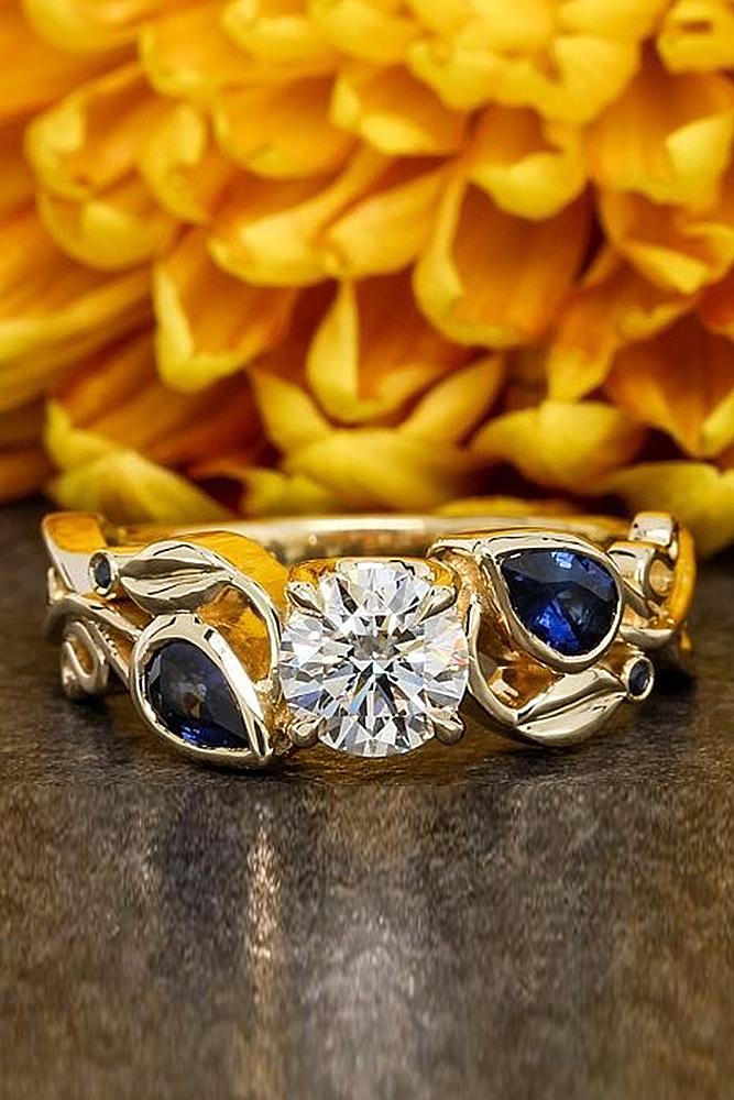 flower engagement rings white gold blue sapphires round cut diamond unique pave band