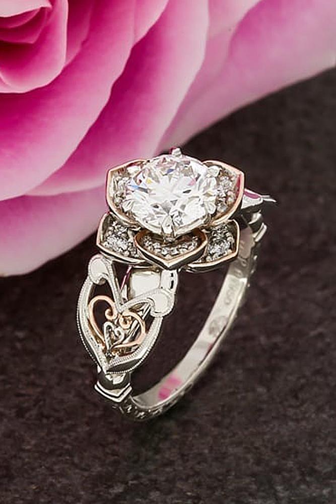 flower engagement rings white gold rose round cut diamond unique band tender