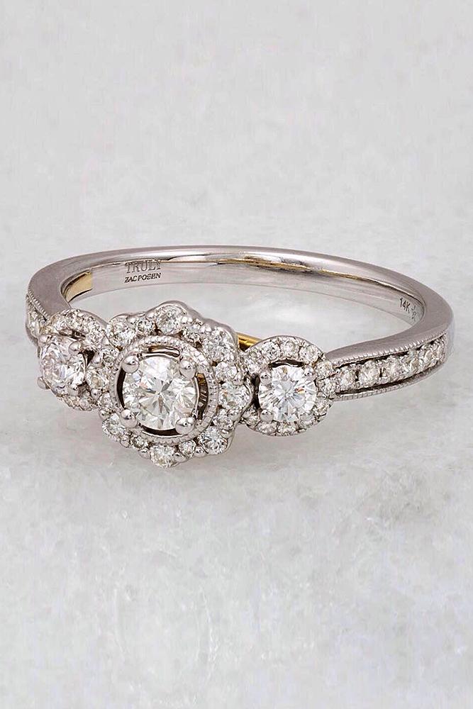 flower engagement rings white gold three stones round cut