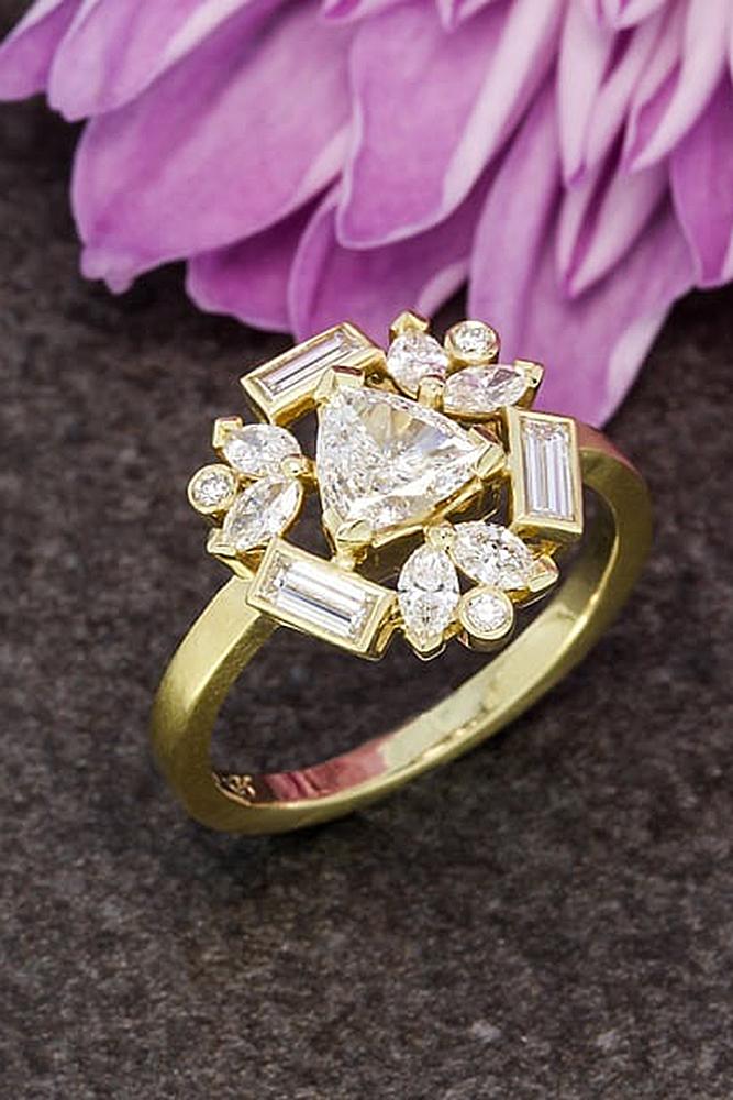 flower engagement rings yellow gold pave band unique