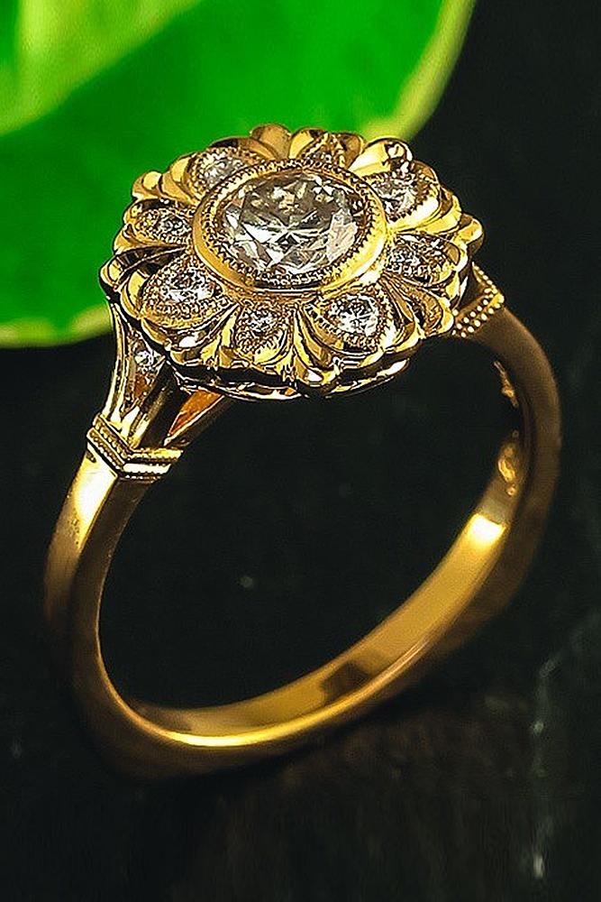 flower engagement rings yellow gold unique engagement ring vintage with big round cut diamond
