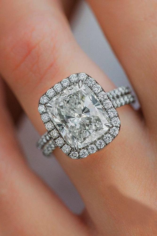 gold engagement rings emerald cut halo split pave band