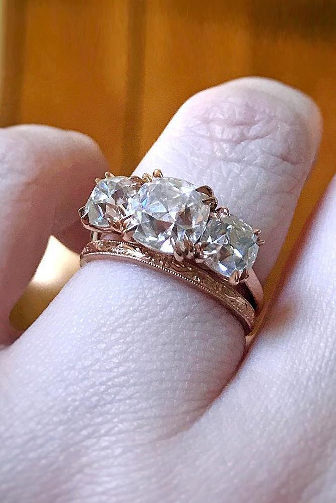 gold engagement rings three stones rose gold wedding set