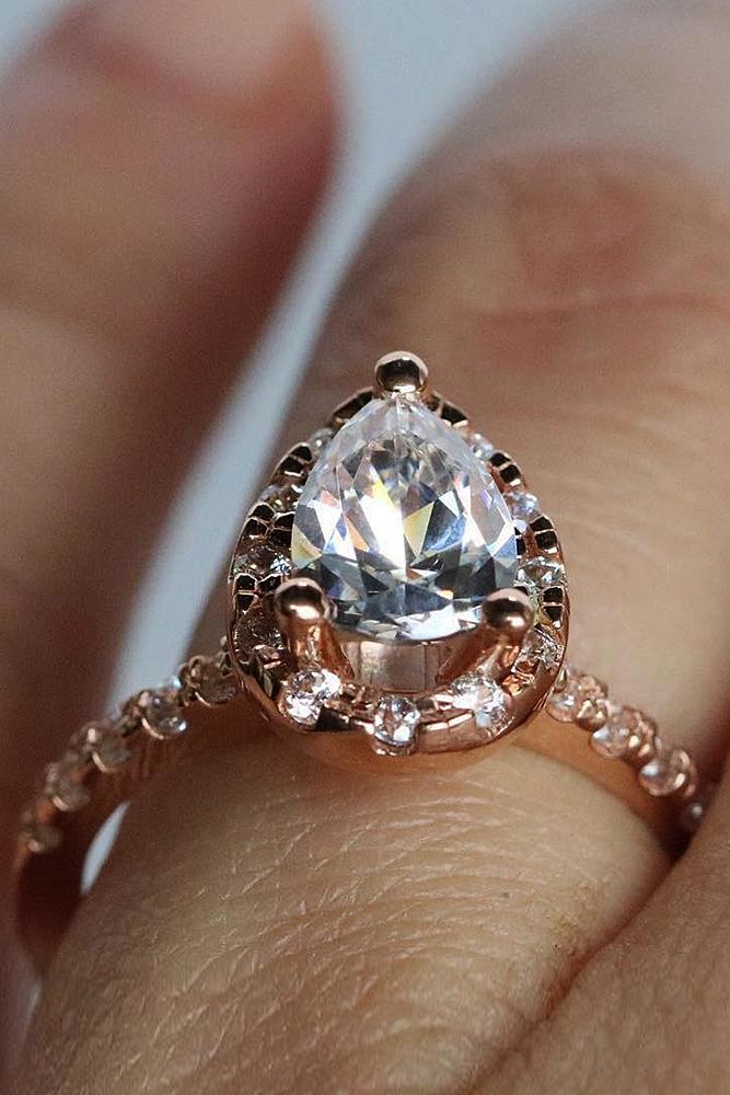 gold engagement rings rose gold pear cut halo
