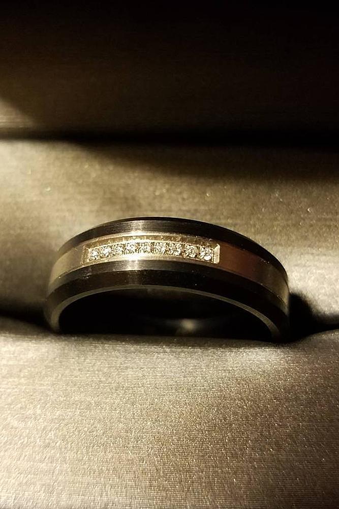 mens wedding bands yellow gold and black titanium with gemstones unique pave band