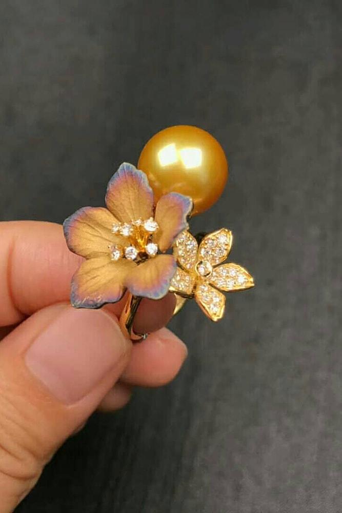 pearl engagement rings amazing gold south sea pearl rings yellow gold flower elements unique