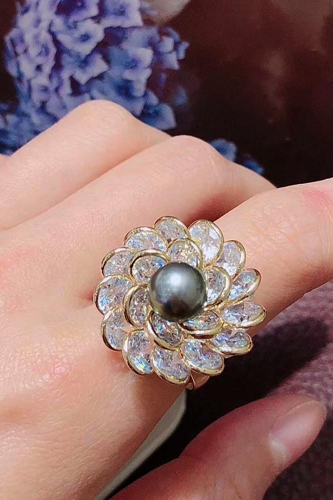 pearl engagement rings amazing rose gold black south sea pearl flower elements