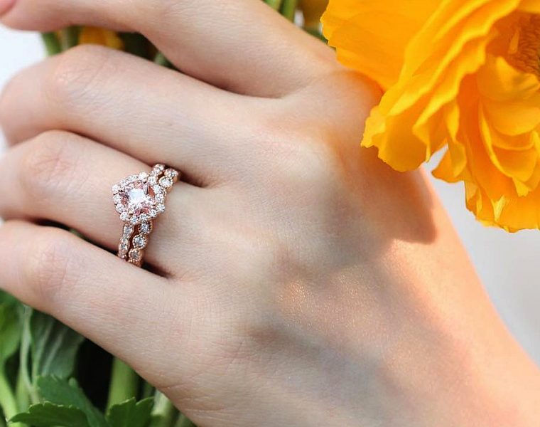 rose gold wedding rings halo pave band morganite
