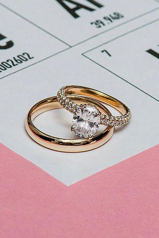 rose gold wedding rings oval cut diamond pave band set