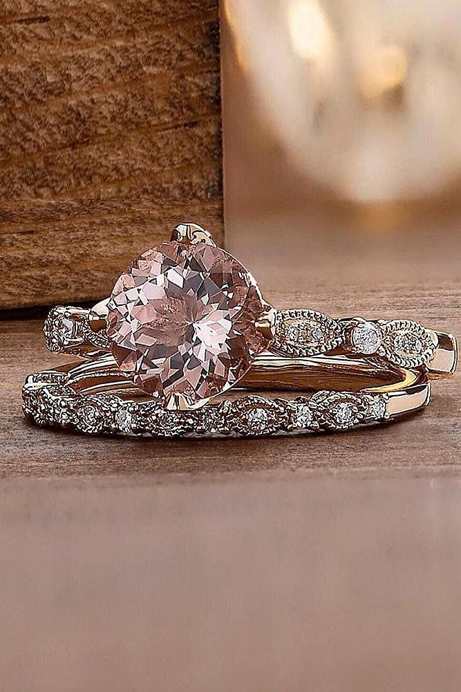 rose gold wedding rings round cut pink gemstone solitaire unique pave band