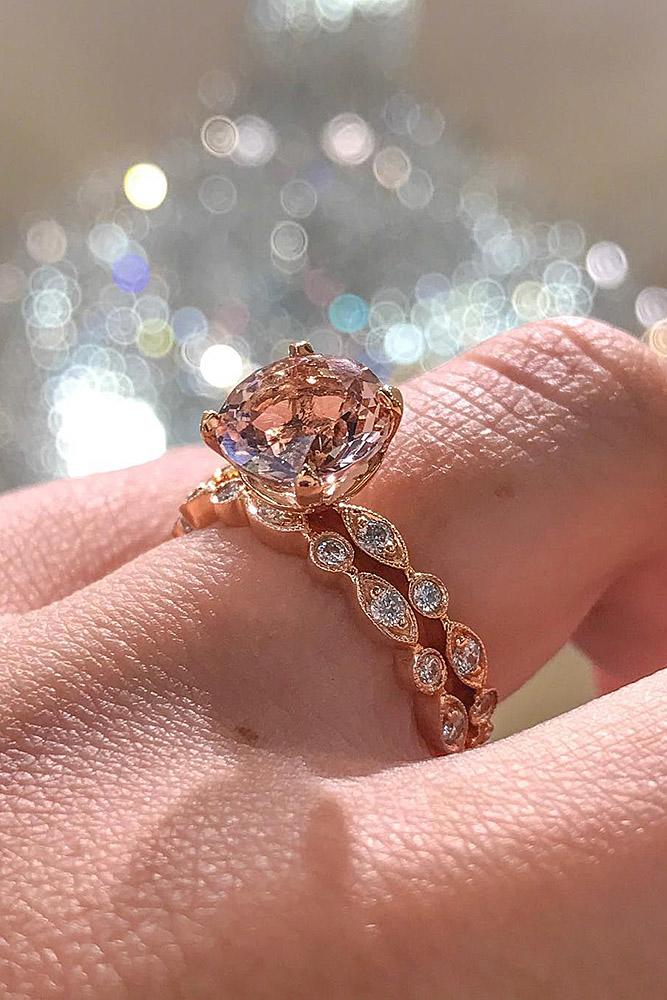 rose gold wedding rings solitaire round cut pave band