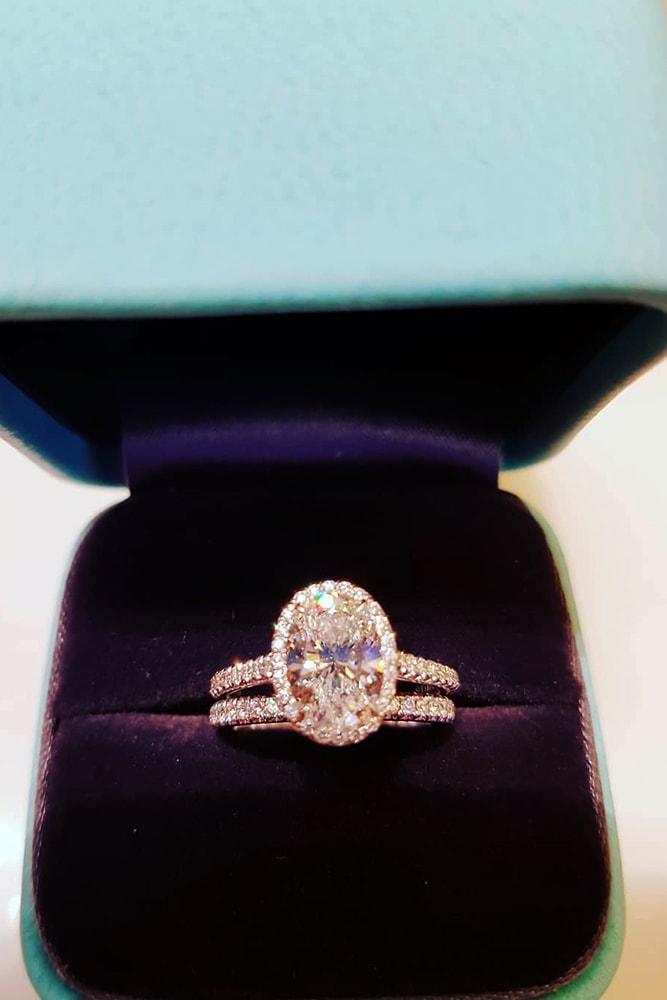 tiffany engagement rings white gold sparkling oval cut gemstone halo pave band classic
